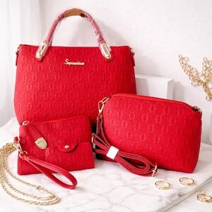 4-Piece Red Embossed Handbag Set — Chic & Versatile